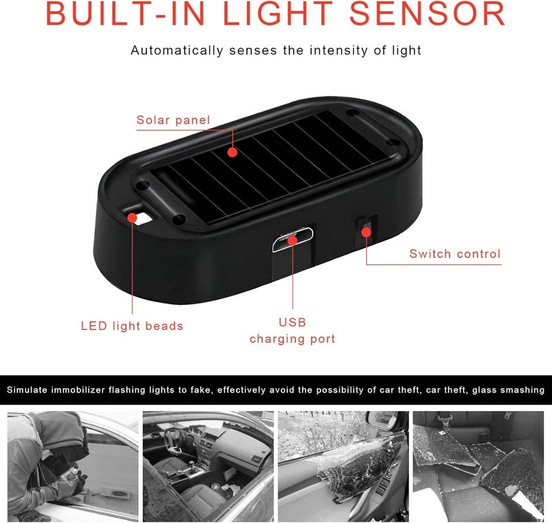 NYTKL 2PCS Car Solar Power Simulated Dummy Alarm, Anti-Theft Car Warning Light Fake Lamp with Light Sensor, Automotive Interior LED Flashing Security Lights with USB Charger Port (Blue) - Image 5